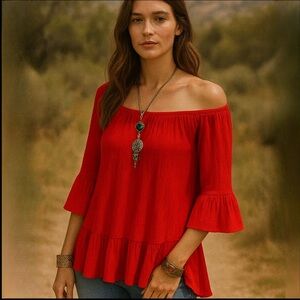 Beach Lunch Lounge Red Crinkle Blouse Peasant Off Shoulder Whimsy Festival